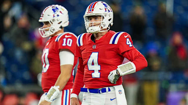 New England Patriots Bailey Zappe (4) and Mac Jones (10)
